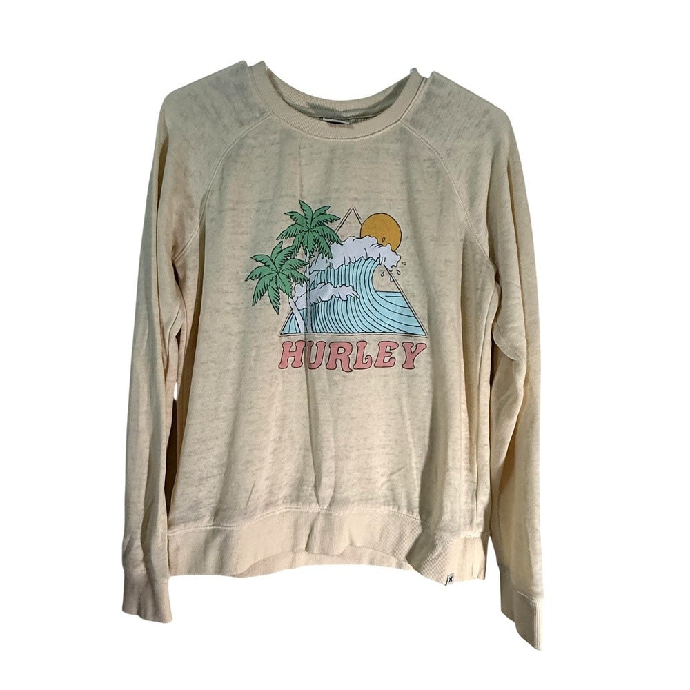 Hurley Graphic Sweatshirt Cream Surf Wave Palm Tree Raglan Pullover S